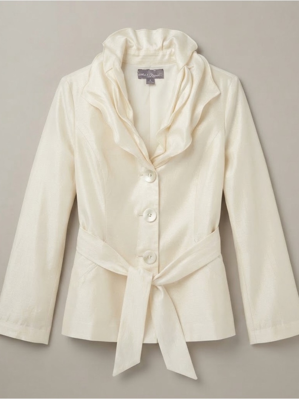 Bellasima Elegant Cream Blazer with Ruffled Collar, Size 10, ptp 18”